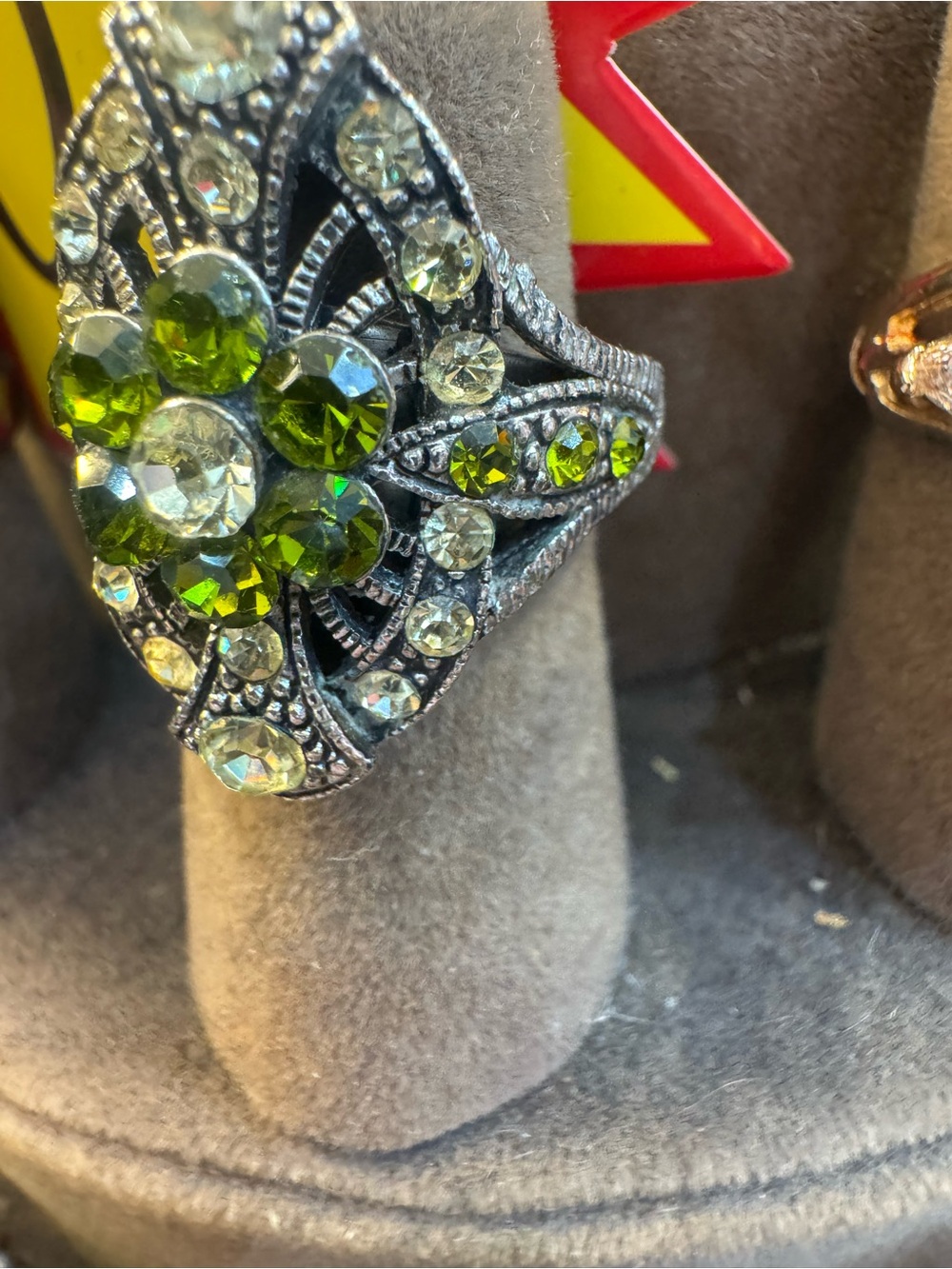 Vintage-Inspired Green Crystal Cocktail Ring